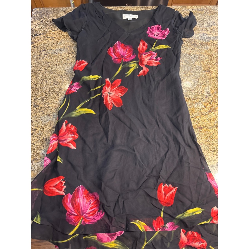 Donna Ricco Black Floral Tulip Print V-Neck Flutter Sleeve Midi Dress Size 10 - Picture 6 of 6